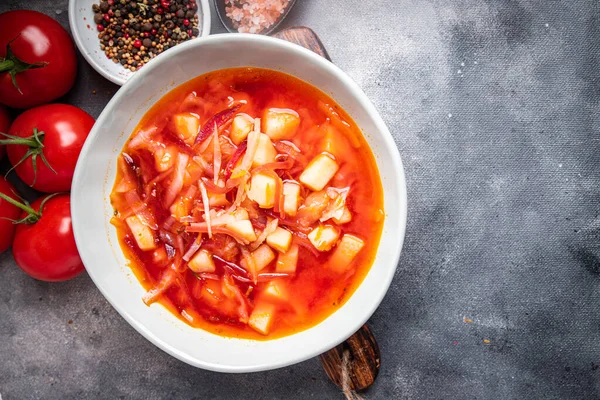 Sopa Legumes Vermelhos Borsch Beterraba Repolho Tomate Cebola Refeição Saudável — Fotografia de Stock