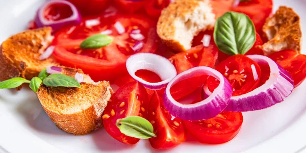 panzanella salad vegetables tomato, dried bread, onion healthy meal food snack diet on the table copy space food background rustic top view