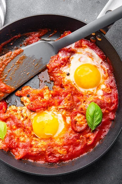 Shakshuka Ovos Tomate Pimenta Legumes Café Manhã Refeição Saudável Comida — Fotografia de Stock