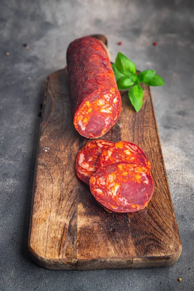 Chorizo Salsiccia Carne Pasto Cibo Snack Sulla Tavola Copia Spazio — Foto Stock