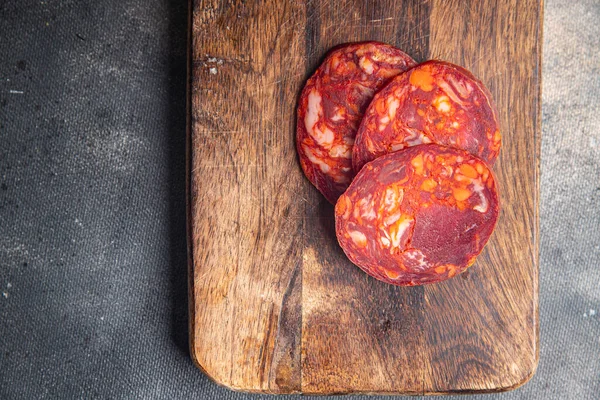 Chorizo Salsiccia Carne Pasto Cibo Snack Sulla Tavola Copia Spazio — Foto Stock