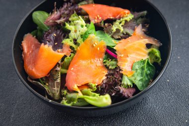 Salata somonu kırmızı balık aperatifi taze deniz ürünleri yemek abur cuburu masanda fotokopi alanı arka planı 