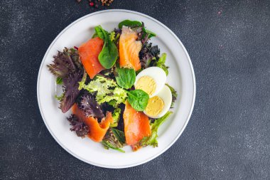 Salata somonu kırmızı balık aperatifi taze deniz ürünleri yemek abur cuburu masanda fotokopi alanı arka planı 