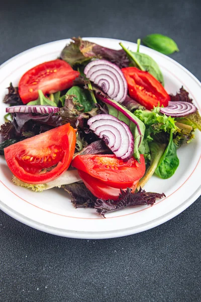 サラダトマトタマネギレタス新鮮な食事野菜料理スナックテーブルの上にコピースペースフード背景 — ストック写真