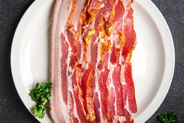 Spek Plak Varkensvlees Strips Reuzel Gerookt Vlees Maaltijd Voedsel Snack — Stockfoto