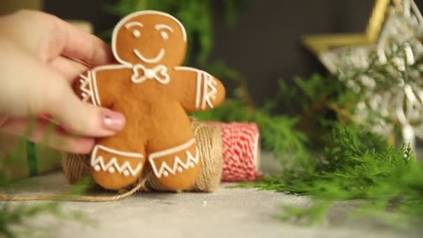 Lebkuchen Weihnachten Grußkarte Neujahr Hausgemachte Schöne Gebäck Süß Dessert Zuhause — Stockvideo