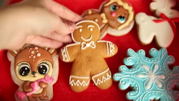 Lebkuchen Weihnachten Grußkarte Neujahr Hausgemachte Schöne Gebäck Süß Dessert Zuhause — Stockvideo