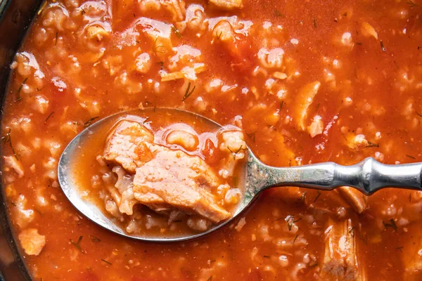 Rote Tomatensuppe Charcho Fleisch Reis Kochen Gesunde Mahlzeit Lebensmittel Snack — Stockfoto
