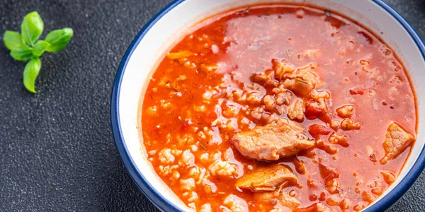 Красный Томатный Суп Харчо Мясо Рис Приготовления Здорового Питания Питание — стоковое фото