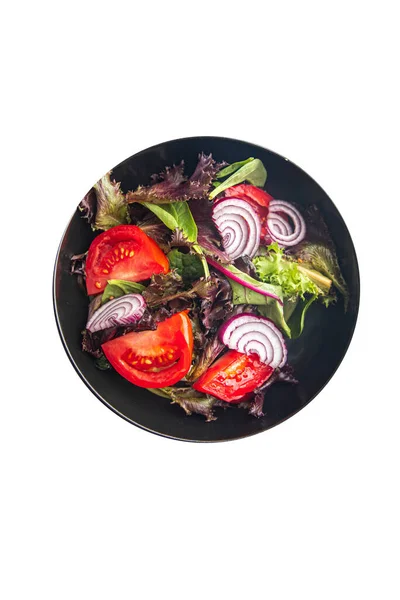 西红柿沙拉新鲜洋葱生菜菜菜菜桌上抄袭太空食物背景 — 图库照片