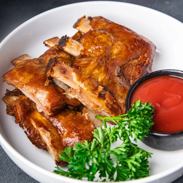 Costelas Porco Grelhar Churrasco Refeição Frita Comida Lanche Mesa Cópia — Fotografia de Stock