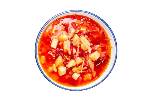Czerwona Zupa Warzywna Barszcz Burak Kapusta Pomidor Posiłek Jedzenie Stole — Zdjęcie stockowe