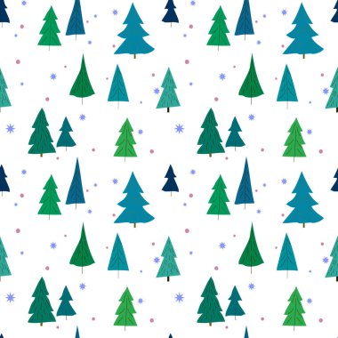 Kusursuz desenli Mutlu Noeller ve İskandinav tarzı şenlik arka planında farklı şekil ve tasarımlara sahip Noel ağaçları. Paketleme, kumaş ve kaplama için Yeni Yıl Minimalist Şablonu.