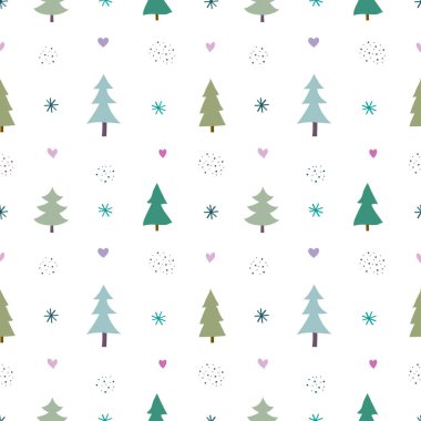 Mutlu noeller. Farklı şekil ve tasarımlarda kusursuz bir Noel ağacı deseni. İskandinav tarzında şenlikli bir arka plan. Yeni yıl kumaşı, kapak.