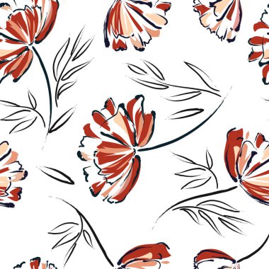 El yapımı kusursuz desenli yaz çiçekli arka plan. Soyut çiçeklerin botanik geçmişi. Siyah çizgilerin ve kırmızı pembe çizgilerin taslak çizimi. Duvar kağıdı, kapak, tekstil üzerine baskı