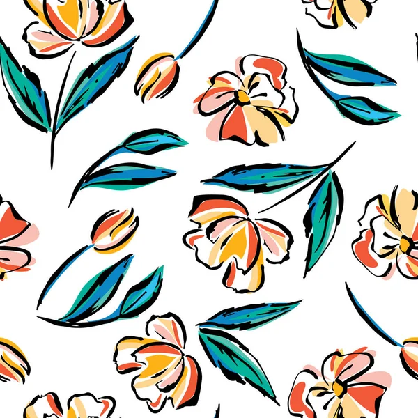 Handmade Seamless Pattern Summer Floral Background Botanical Background Abstract Flowers — Stockvektor