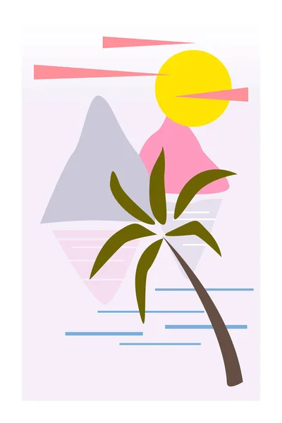 Abstract Achtergrond Landschap Met Zon Bergen Palm Zee Aardse Tonen — Stockvector