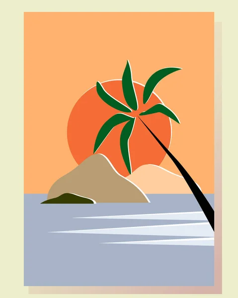 Paisaje Fondo Abstracto Con Sol Montañas Palma Mar Tonos Terrenales — Vector de stock