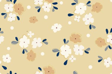 Basit çiçek ve yapraklardan oluşan botanik desensiz bir vektör. Altın, beyaz, bej, gri, koyu mavi. Hassas el yapımı tasarım