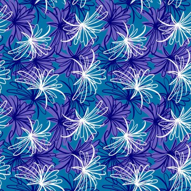 Mavi arka planda beyaz mavi çiçeklerin kesintisiz çizim şekli. Tasarım kumaşı, tekstil, kağıt için vektör illüstrasyonu