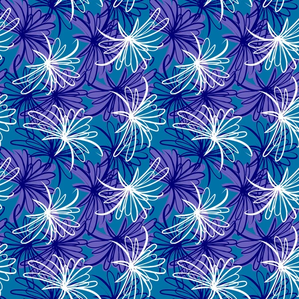 Seamless Pattern White Blue Flowers Continuous Line Sketch Doodle Style — Stock Vector