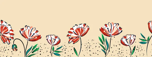 Padrão Sem Emenda Botânico Horizontal Flores Folhas Abstratas Desenho Esboçado — Vetor de Stock
