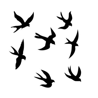 Kırlangıç. Beyaz arka planda siyah bir siluet. Kırlangıç sürüsünün silueti. Uçan kuşların siyah hatları. Uçan kırlangıçlar. Dövme vektör çizimi beyaz arkaplanda izole edildi.