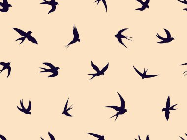 Kırlangıçlarla kusursuz desen. Yumuşak bir mercan zemin üzerinde uçan kuşların siyah siluetleri. Kırlangıç sürüsünün silueti. Kumaş, kağıt, pankart, ambalaj üzerine yazma için vektör illüstrasyonu