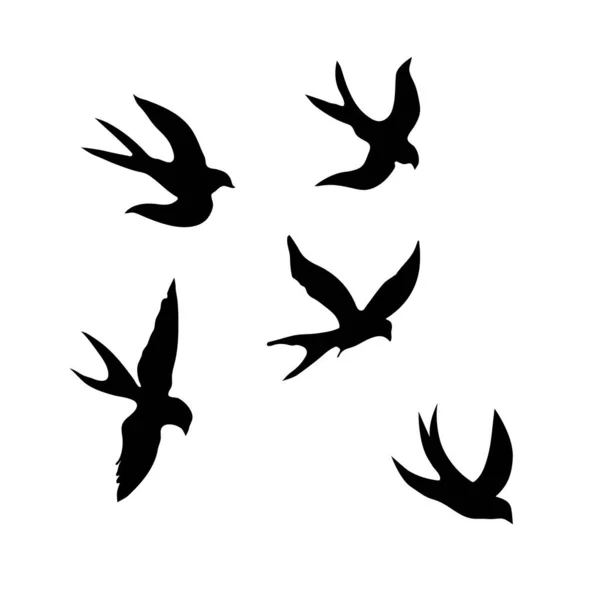 Swallows Black Silhouette White Background Silhouette Swarm Swallows Black Contours — стоковый вектор