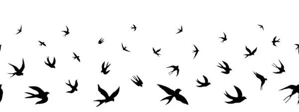 Бесшовный Горизонтальный Рисунок Границы Ласточками Черные Силуэты Летающих Птиц Белом — стоковый вектор