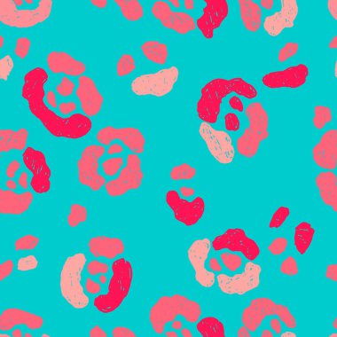 Seamless pattern of leopard animal skin spots. Pink coral abstract design leopard, cheetah, panther on a light bright blue background. trendy background print for fabric, wallpaper, cover, paper vector