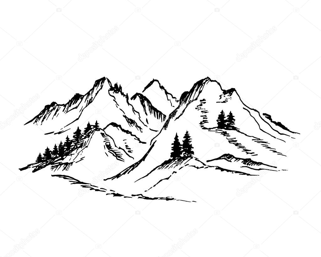 Mountains with pine trees and black landscape on a white background. Hand sketch in pencil. Rocky peaks in a graphic style.