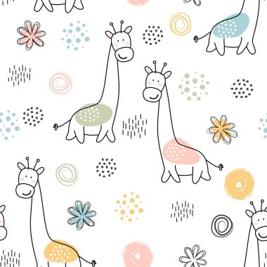 Seamless pattern from a set of children's primitive drawings of giraffe and different elements in pastel colors. Cute design with a black outline in a flat style on a white background.