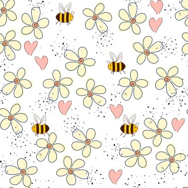 Seamless pattern with white abstract daisies flowers, cute doodle bees and hearts on a pink background. Childish print for wallpaper, fabric, clothes, cover