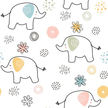 Seamless pattern from a set of children's primitive drawings of elephants and different elements in pastel colors. Cute design with a black outline in a flat style on a white background.