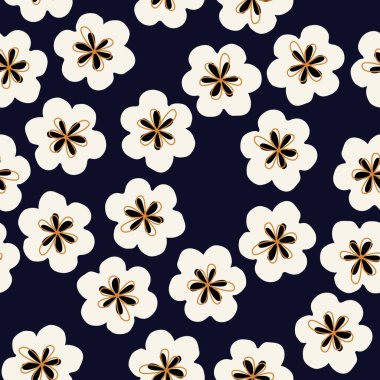 Seamless background with floral pattern. White flowers on a dark background. Floral children's background in a flat style for printing on fabric, wallpaper, paper, curtains, tablecloths