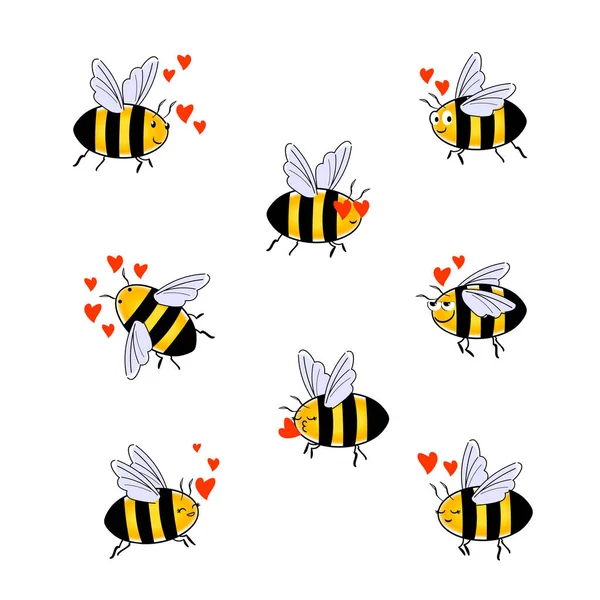 Bee Simple Drawing Set Love Eyes Hearts Emoticons Bee Icon — Stock vektor