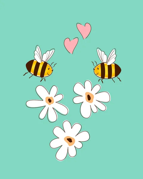 Vector Design Illustration White Abstract Daisies Flowers Cute Doodle Bees — Stock vektor