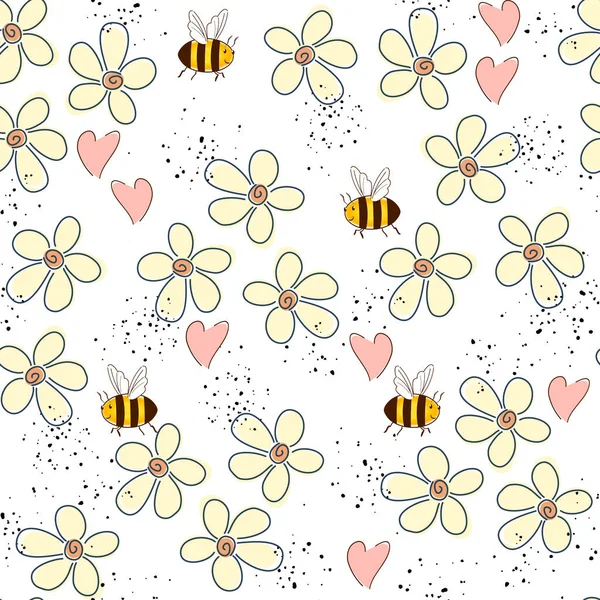 Seamless Pattern White Abstract Daisies Flowers Cute Doodle Bees Hearts — 스톡 벡터
