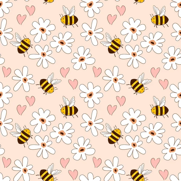 Seamless Pattern White Abstract Daisies Flowers Cute Doodle Bees Hearts — Stockvektor