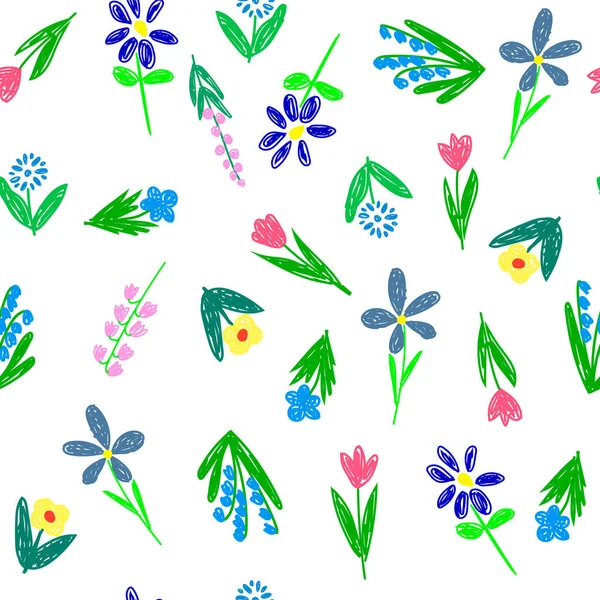 Seamless Pattern Field Meadow Garden Different Bright Flowers Grass Drawing — Stockvektor