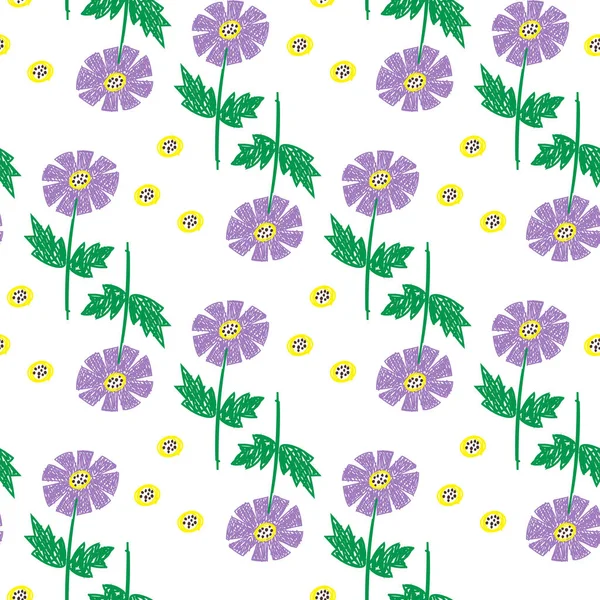 Seamless Pattern Primitive Child Flowers Background Abstract Blue Lavender Flowers — Vector de stock