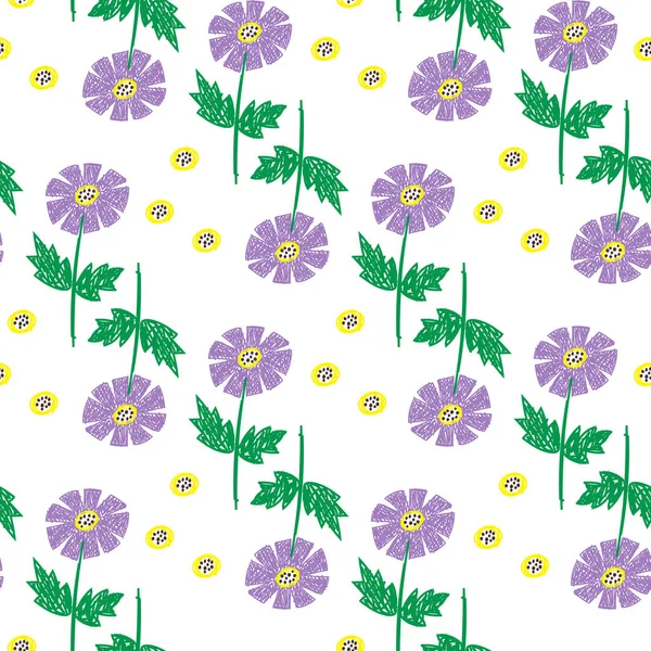 Seamless Pattern Primitive Child Flowers Background Abstract Blue Lavender Flowers — Stockvektor