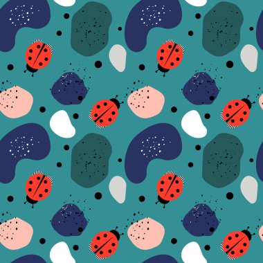 Seamless pattern of abstract modern background. Ladybug, various shapes of shapes, dots, black circles and lines are drawn. Suitable for printing on a card, postcard, invitation, flyer. 