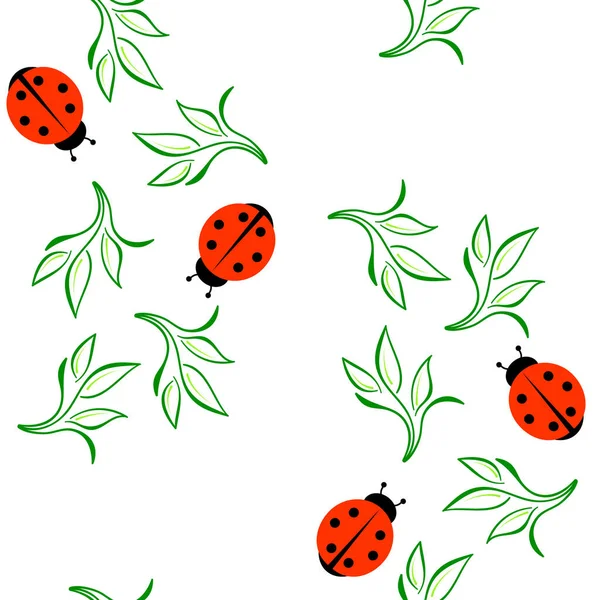 Simple Seamless Pattern Ladybugs Green Leaves Plant Red Beetle Black — Stock Vector