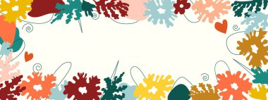 Çerçeve, basit botanik vektörel elementlerden gelen pankart, çiçekler ve yapraklar soyut, el farklı formlar, bir kağıttan kesikler, metin için bir mestoma ile modaya uygun modern arkaplan