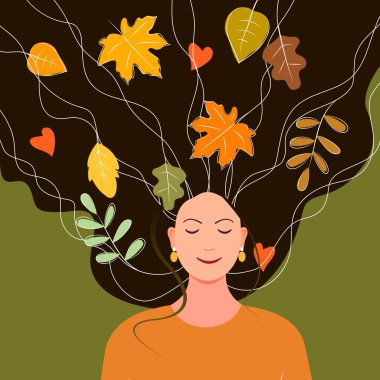 Sonbahar konsepti Genç mutlu rüya kadın, saçlarında sonbahar yaprakları ile. Sonbahar baskısı, tasarım, dekor, kartlar, posterler için düz stil karakter.