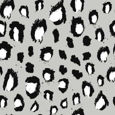 Leopar derisinin soyut, pürüzsüz deseni. Gri arka planda siyah ve beyaz, düzensiz fırça izleri. Vahşi bir hayvanın derisinin soyut izi. Basit modern moda tasarımı