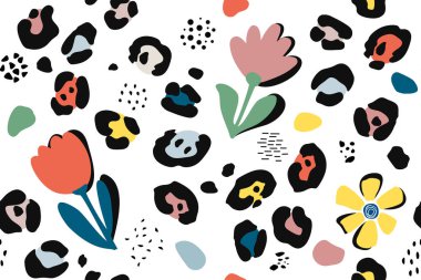 Modern soyut botanik ve leopar desenleri. Çiçeklerin, noktaların ve değişik boylarda pastel ve parlak renklerin minimal tasarımı