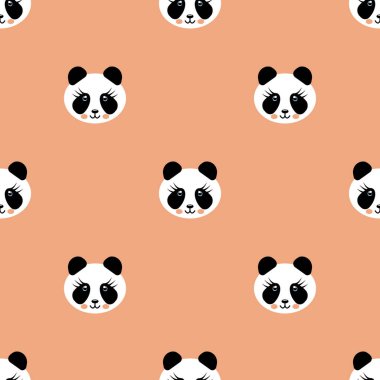 Kusursuz desenli Kawaii komik panda beyaz ağızlık pembe yanaklar ve soluk pembe arka planda büyük siyah gözler.
